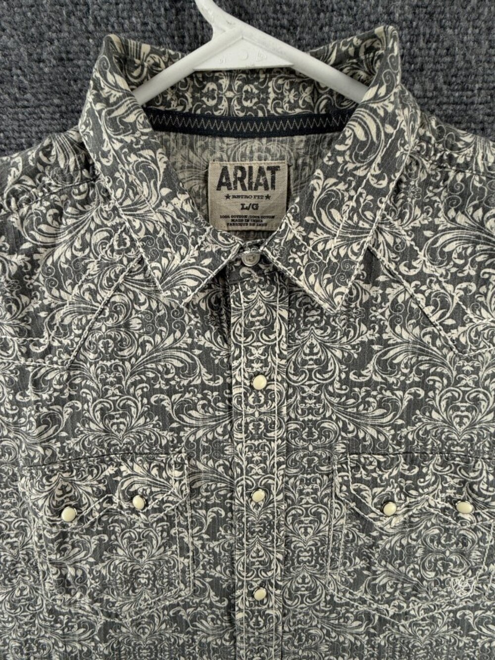 Ariat Pearl Snap Up Large Cotton Gray Button Up Men Shirt Long Sleeve Pocket